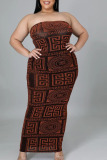 Red Sexy Print Patchwork Strapless Pencil Skirt Plus Size Dresses