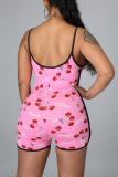Pink Sexy Print Patchwork Spaghetti Strap Skinny Rompers
