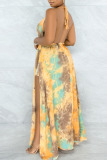 Yellow Sexy Print Hollowed Out Patchwork Backless Slit Asymmetrical Sleeveless Two Pieces