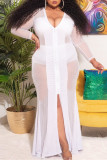 White Fashion Sexy Plus Size Patchwork See-through Zipper V Neck Long Sleeve Dresses