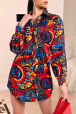 Red Sexy Casual Print Patchwork Buckle Turndown Collar Tops