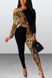 Blue Casual Print Leopard Split Joint O Neck Long Sleeve Two Pieces