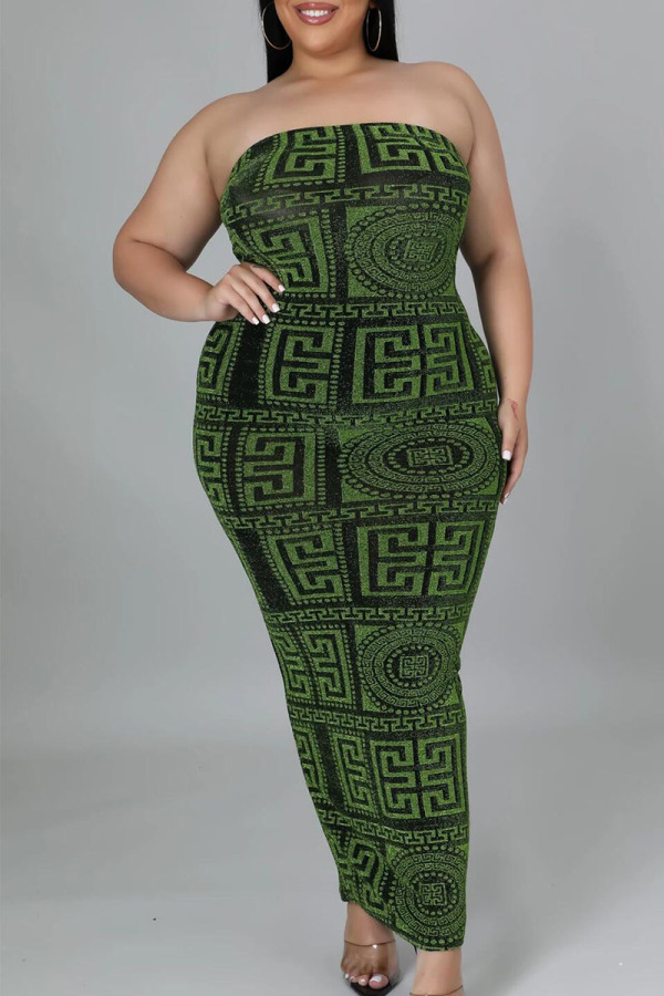 Green Sexy Print Patchwork Strapless Pencil Skirt Plus Size Dresses