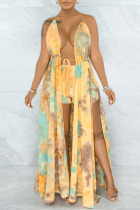 Green Yellow Sexy Print Hollowed Out Split Joint Backless Slit Asymmetrical Sleeveless Two Pieces