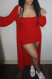 Tangerine Red Sexy Solid Patchwork Strapless Long Sleeve Two Pieces