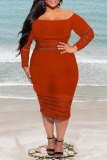 Red Sexy Solid Ripped Patchwork Bateau Neck Long Sleeve Knee Length Pencil Skirt Dresses