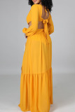 Yellow Sexy Solid Bandage Hollowed Out Patchwork Backless V Neck Straight Dresses