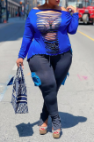 Blue Sexy Solid Ripped Off the Shoulder Plus Size Tops