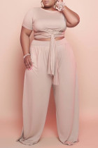 Nude Fashion Casual Solid Bandage O Neck Plus Size Two Pieces