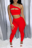 Red Fashion Sexy Solid Hollowed Out One Shoulder Sleeveless Two Pieces