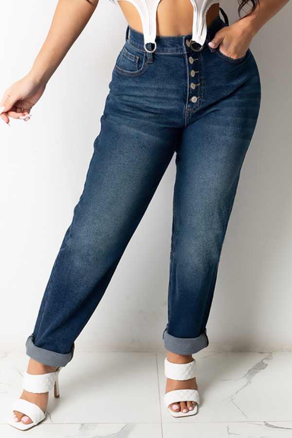 Dark Blue Casual Solid Buckle Mid Waist Straight Denim Jeans