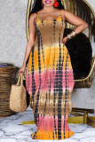 Khaki Fashion Casual Plus Size Print Basic Spaghetti Strap Sleeveless Dress