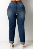 Dark Blue Casual Solid Buckle Mid Waist Straight Denim Jeans