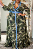 Camouflage Fashion Casual Plus Size Camouflage Print Split Joint Turndown Collar Long Sleeve Dresses