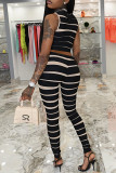 Black Fashion Casual Striped Print Vests Pants O Neck Sleeveless Two Pieces