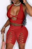 Rose Red Fashion Sexy Solid Hollowed Out Backless Halter Skinny Two-piece Set