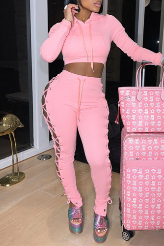 Pink Fashion Casual Solid Bandage Hollowed Out Long Sleeve Two Pieces
