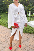 White Fashion Solid Hollowed Out Fold Asymmetrical V Neck Long Sleeve Dresses
