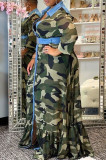 Camouflage Fashion Casual Plus Size Camouflage Print Split Joint Turndown Collar Long Sleeve Dresses