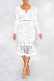White Sexy Solid Hollowed Out V Neck Cake Skirt Dresses