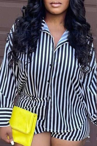 Black Casual Striped Patchwork Turndown Collar Long Sleeve Two Pieces