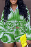 Blue Casual Striped Patchwork Turndown Collar Long Sleeve Two Pieces