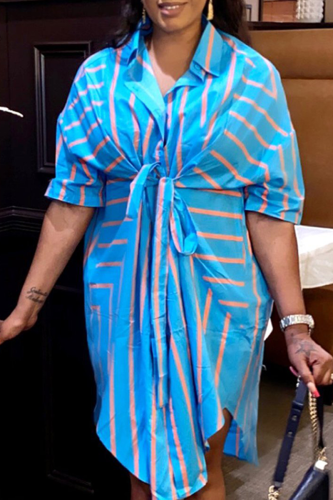 Blue Casual Striped Patchwork Turndown Collar Shirt Dress Dresses