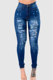 Blue Fashion Casual Solid Ripped Embroidered Mid Waist Skinny Jeans