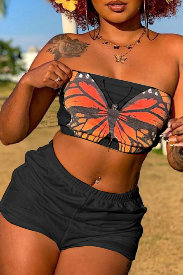 Black Sexy Butterfly Print Patchwork Strapless Sleeveless Two Pieces