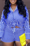 Green Casual Striped Patchwork Turndown Collar Long Sleeve Two Pieces