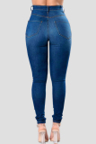 Blue Fashion Casual Solid Ripped Embroidered Mid Waist Skinny Jeans