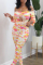 Pink Fashion Print Bandage Hollowed Out Backless Off the Shoulder Skinny Jumpsuits