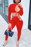 Red Sexy Solid Hollowed Out Patchwork Frenulum O Neck Long Sleeve Two Pieces
