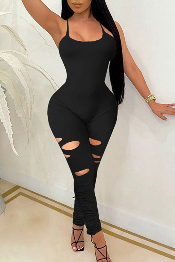 Black Sexy Solid Ripped Patchwork Spaghetti Strap Skinny Jumpsuits