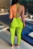 Fluorescent Green Sexy Solid Hollowed Out Patchwork Frenulum Backless Halter Skinny Jumpsuits
