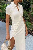 Cream White Fashion Casual Solid Buckle Slit Turndown Collar Short Sleeve Dress