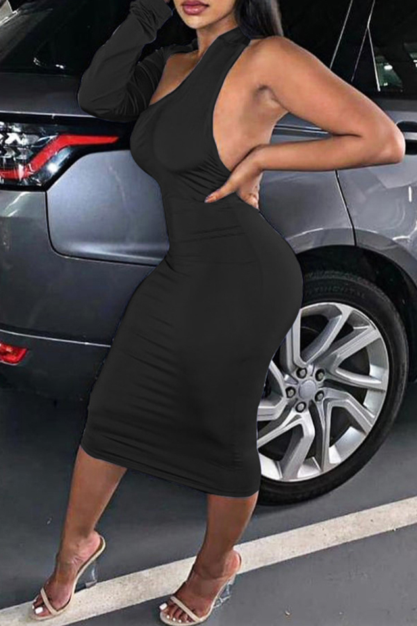 Black Fashion Sexy Solid Backless Oblique Collar Irregular Dress Dresses