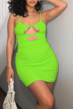 Green Sexy Solid Hollowed Out Spaghetti Strap Pencil Skirt Dresses