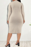 Apricot Fashion Casual Solid Buckle Turndown Collar Long Sleeve Dresses