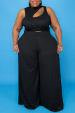 Black Casual Solid Hollowed Out Patchwork O Neck Plus Size Two Pieces