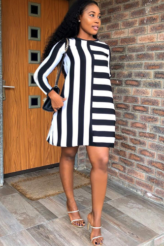 White Acetyl fiber Sweet Cap Sleeve Long Sleeves O neck Swagger Knee-Length Print Striped Patchwork 