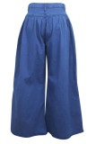 Dark Blue Denim Button Fly Sleeveless High Solid Patchwork Loose Pants Pants