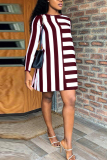 Wine Red Acetyl fiber Sweet Cap Sleeve Long Sleeves O neck Swagger Knee-Length Print Striped Patchwork 