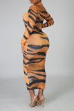 Tiger Pattern Sexy Animal Print Patchwork Zipper Collar Pencil Skirt Dresses