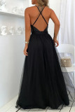 Black Sexy Patchwork Sequins Backless Spaghetti Strap Long Dress