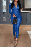 Blue Fashion Sexy Print See-through Zipper Collar Skinny Jumpsuits