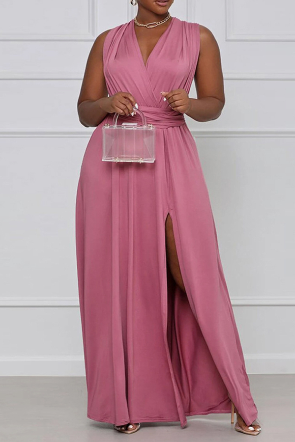 Pink Fashion Casual Plus Size Solid Bandage Backless Slit V Neck Sleeveless Dress