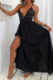 Black Sexy Patchwork Sequins Backless Spaghetti Strap Long Dress