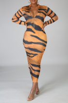 Tiger Pattern Sexy Animal Print Split Joint Zipper Collar Pencil Skirt Dresses