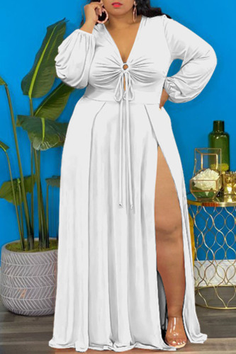 White Elegant Solid Patchwork Frenulum High Opening V Neck Long Sleeve Plus Size Dresses